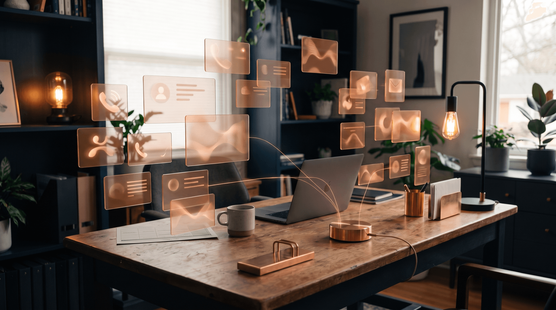 Warm small-business workspace with floating task cards beginning to organize into a workflow