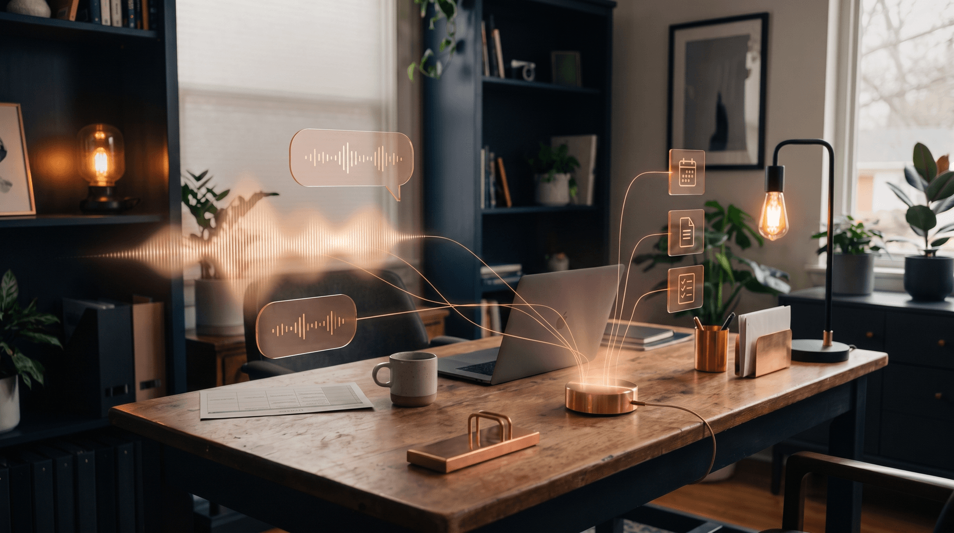 Abstract audio waves and conversation bubbles showing a customer question resolving into next steps
