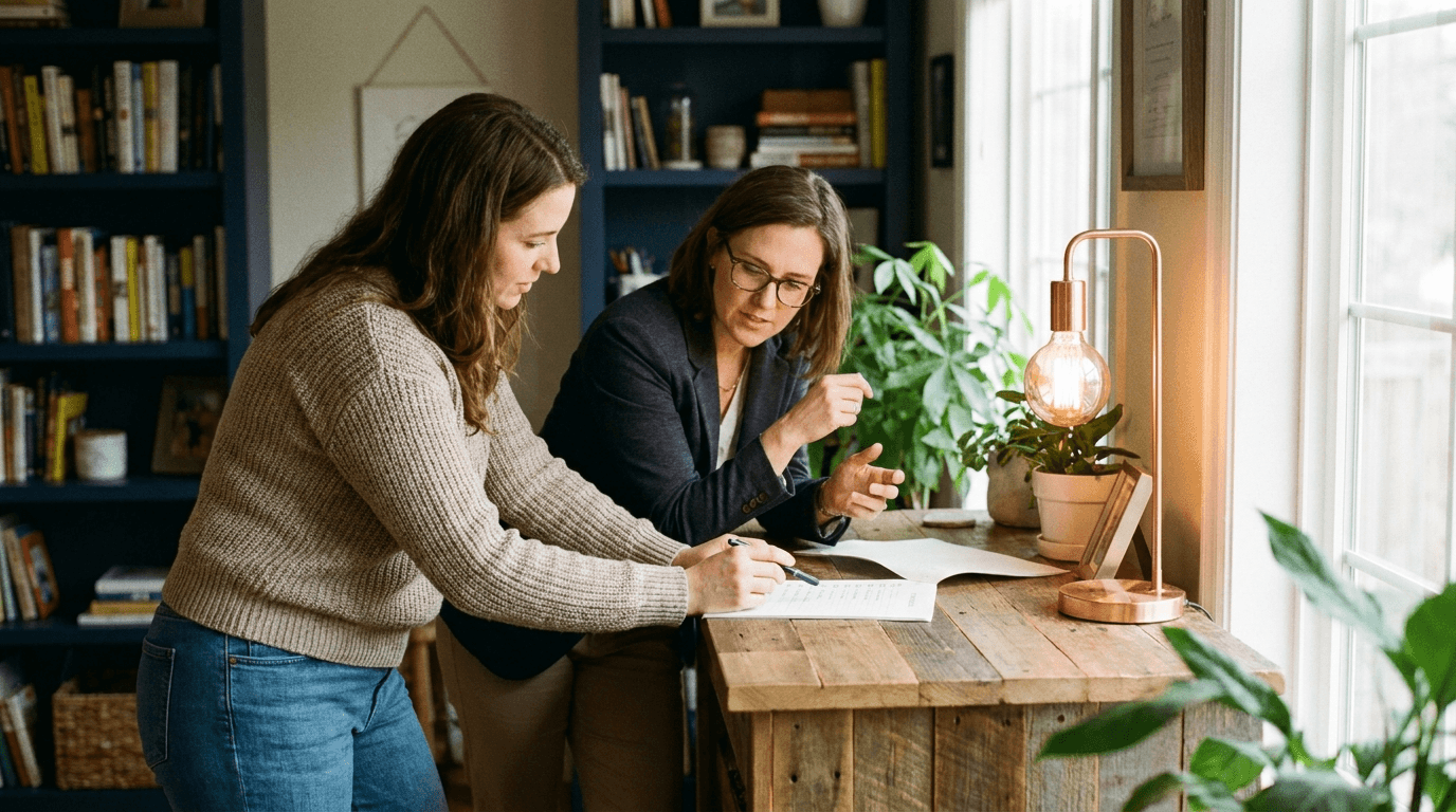 A small-business owner and a consultant standing at a wooden worktable, reviewing printed workflow notes together while one takes notes, in a warm, plant-filled workspace
