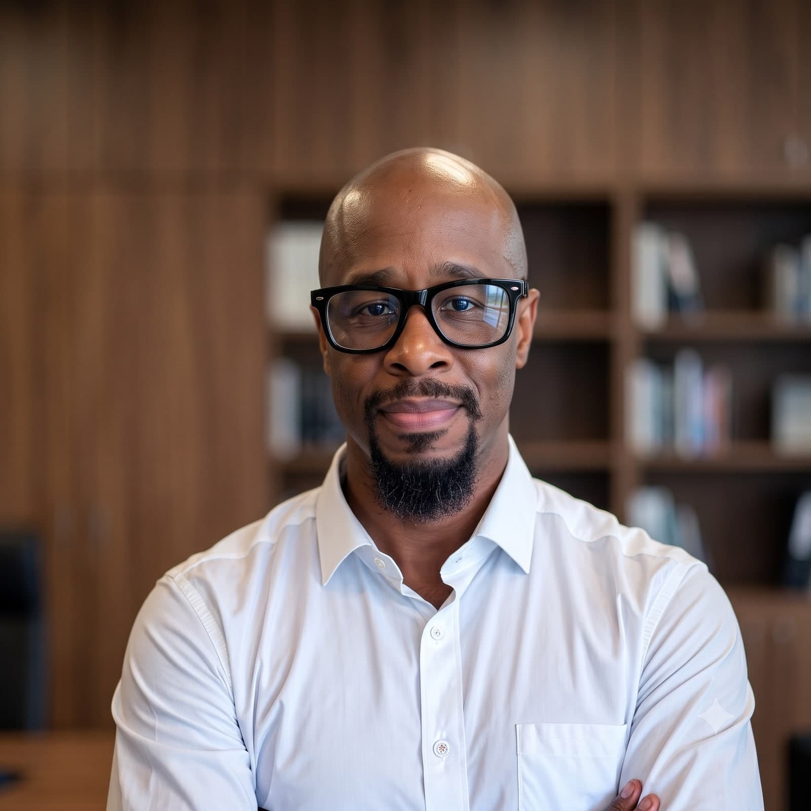 Ventures Consulting's founder, a bespectacled man in a white shirt with arms confidently crossed in a warm wood-paneled office