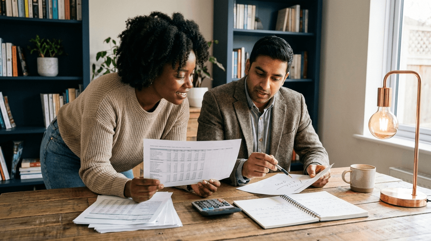 A small-business owner and an advisor at a wooden worktable reviewing printed operating-cost breakdowns and time-saving estimates, with a calculator and notebook, in a warm, plant-filled workspace