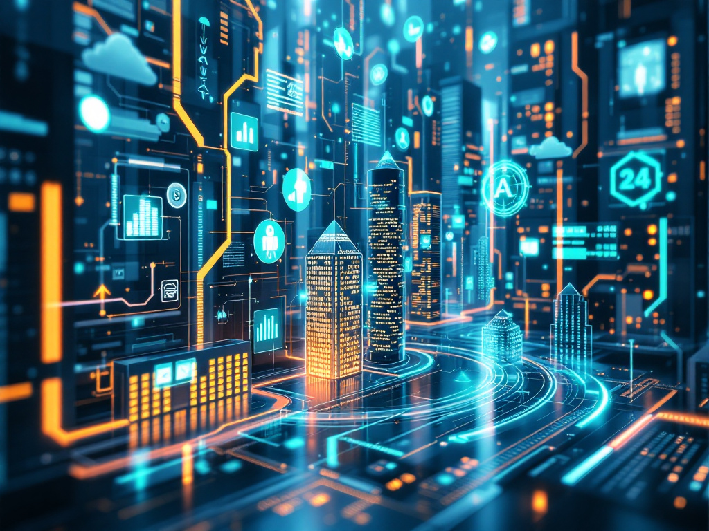 AI automation in real estate workflow with futuristic buildings and digital interfaces